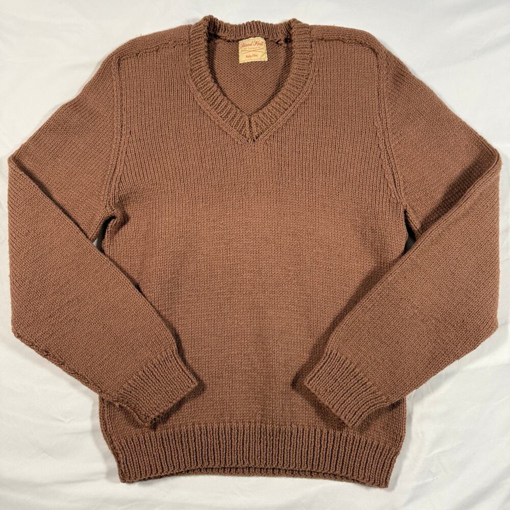 Vintage 40s/50s brown v-neck wool sweater hand knit and fashioned by Ruby Ober